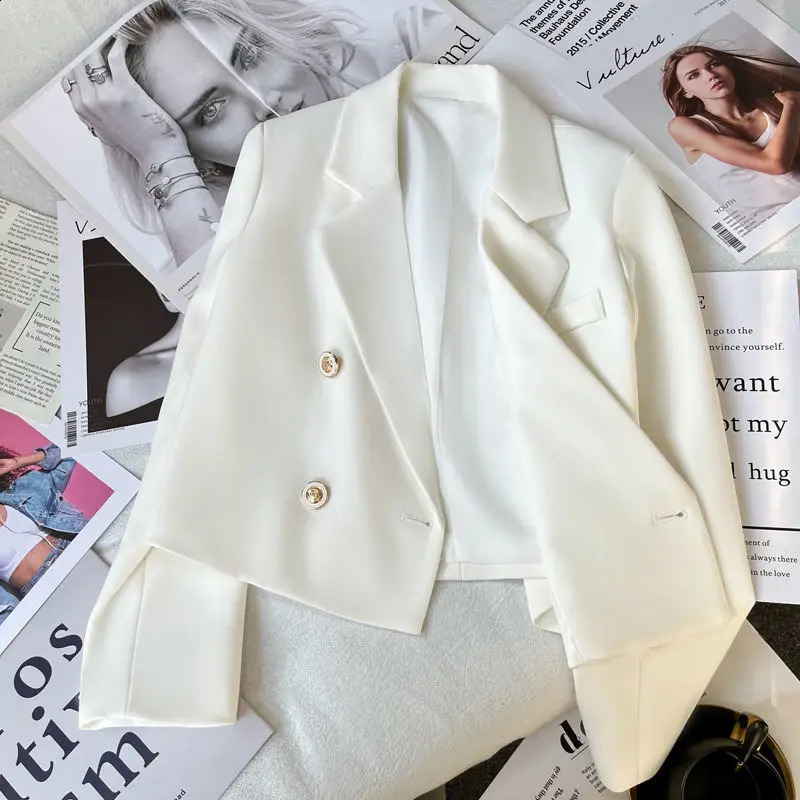 Autumn Fashion Blazers Women Temperament Solid Double Breasted Cropped Jacket Woman Basic All Match Suit Outwear Female 240813