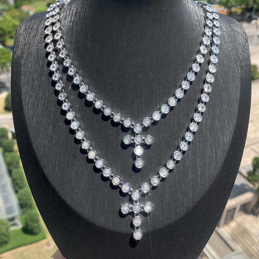 Geometric Zirconia Tennis Chain: Iced-Out 5A CZ Cross Pendant Necklace