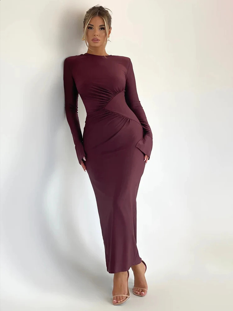 Townlike pleated ultrathin tight dress for women autumn winter nightclub sexy party elegant Maxi long Vestitos 240809