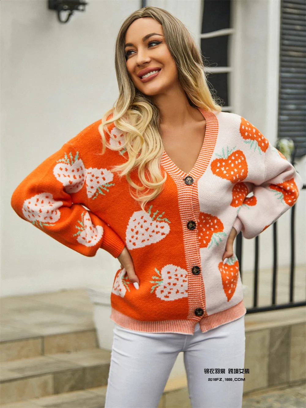 AutumnWinter European and American Cross border Sweater Vneck Button Cardigan Strawberry Coat Female 240812