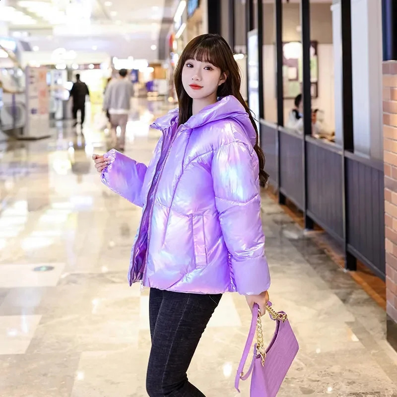 Women Parkas 2024 Fashion Winter Jacket Glossy Down Cotton Padded Parka Outwear Hooded Solid Female Jacket Snow Wear Coat 240813