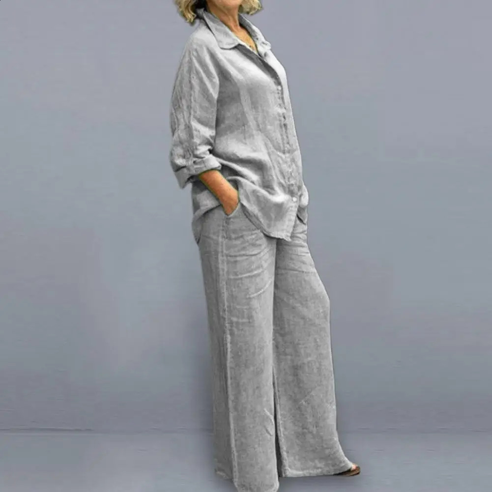 Women Cotton Linen Suits Elegant Solid Long Sleeve Shirt Wide Leg Trousers Two Piece Set Female Casual Straight Pants Suits 240813