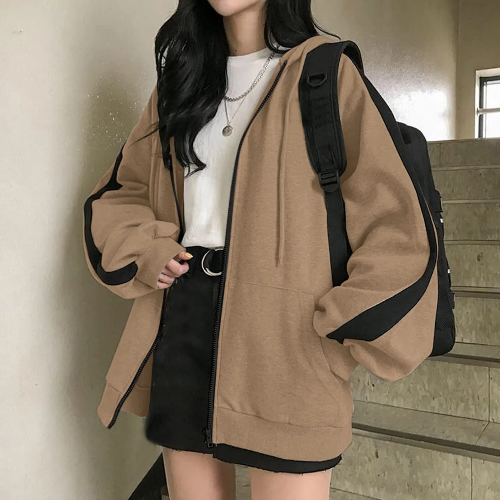 Harajuku Korean Version Zip Up Hoodies For Women Fall Solid Loose Jacket Coats Vintage Long Sleeve Oversized Hooded Sweatshirts 240812