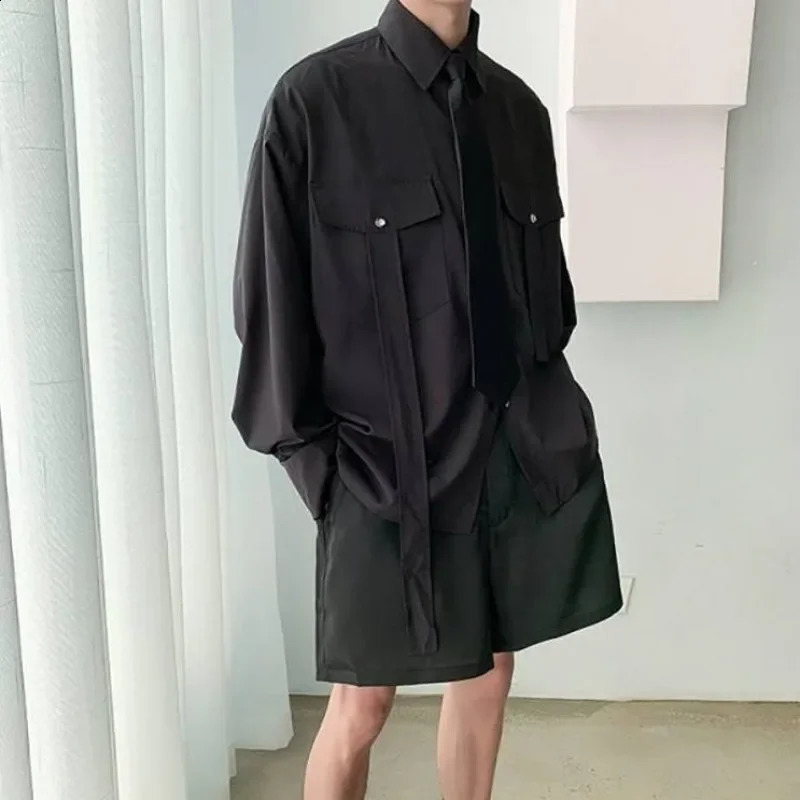 Gmiixder product long sleeved mens tie Kpop shirt Korean streetwear Versatile motorcycle pocket striped jacket 240812
