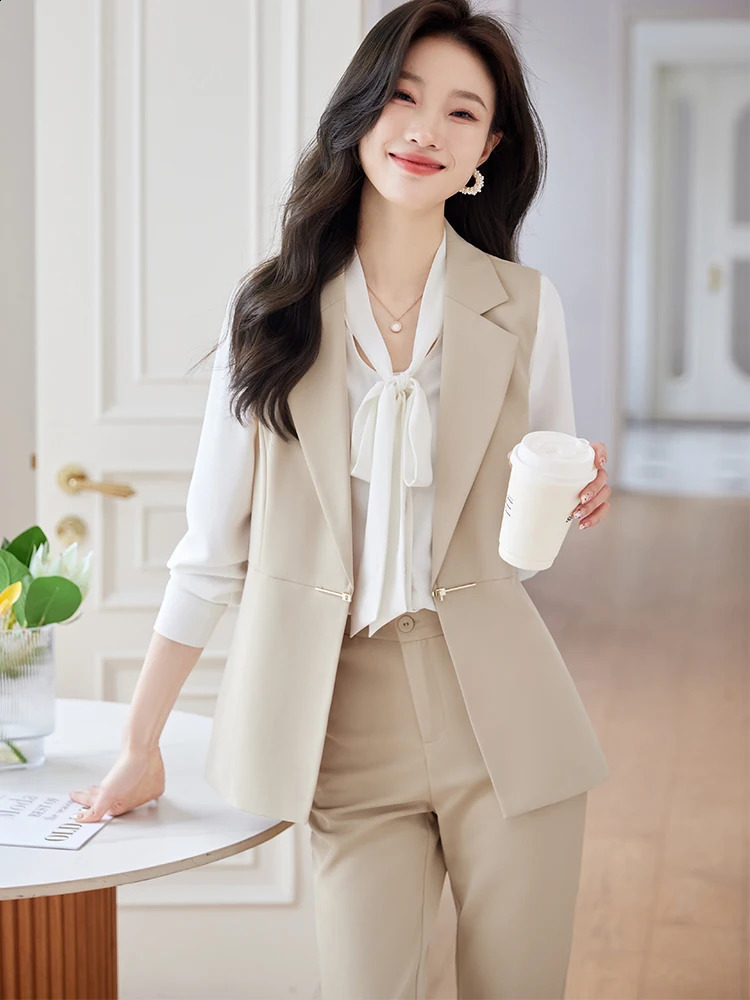Black coffee almond vest and pants set womens sleeveless jacket Trouser twopiece office business workwear 240812
