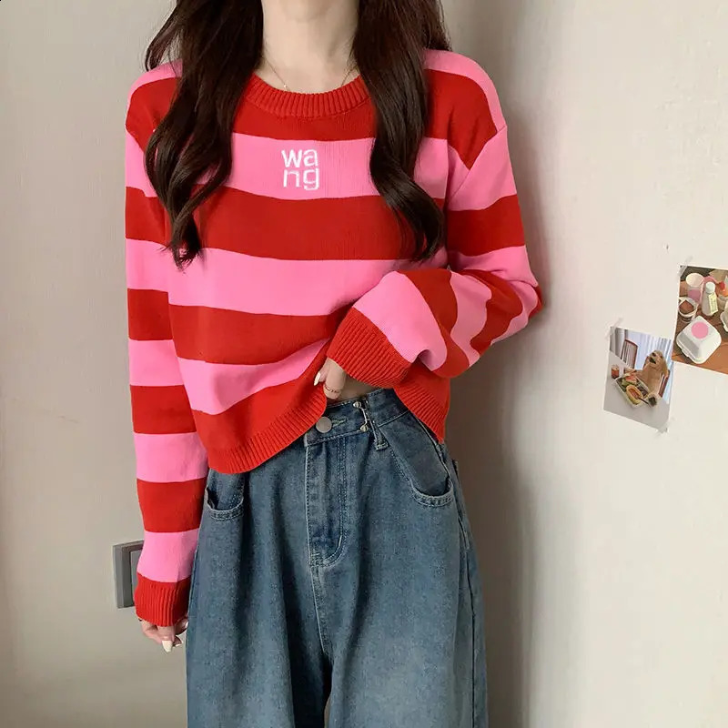 Preppy Style Autumn Winter Sweaters Womens Round Neck Striped Letter Contrast Color Fashion Loose Long Sleeve Knitted Tops 240812