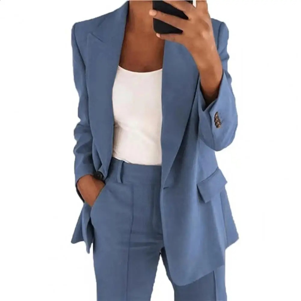 2 PcsSet Women Lapel Long Sleeve Blazer High Waist Straight Wide Leg Long Pants Set One Button Pockets Solid Color Work Suit 240813