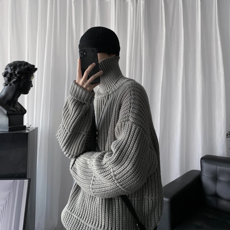 Autumn and winter mens casual turtle neck zipper long sleeved ribbed sweater Korean fashion warm knit 240812