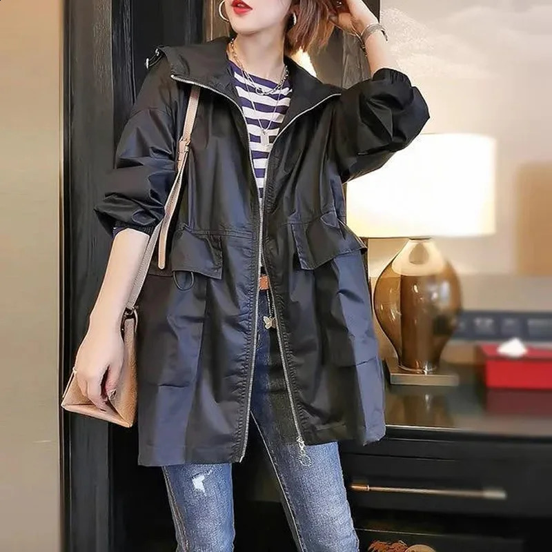 Spring and Autumn Fashion Trend Simple Commuting Loose Relaxed Solid Oversize Versatile Womens Hooded Windbreaker Coat 240813
