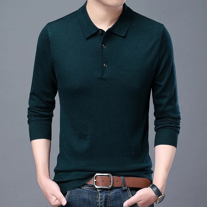 Classic High Quality Mens Autumn Long Sleeve Wool Blended Solid Color Lapel Polo Pullover Sweater Casual Basement Shirt 240809