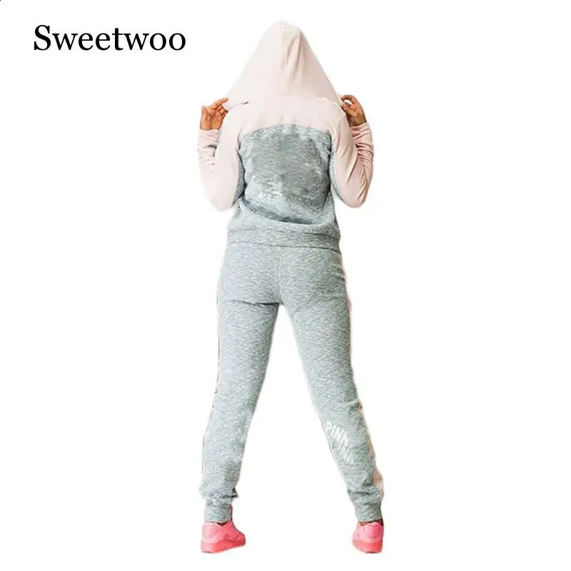Autumn 2 Piece Set Women Tracksuit Sportswear Casual Sweat Pants Hooded Cropped Sweatshirt Hoodie 240809