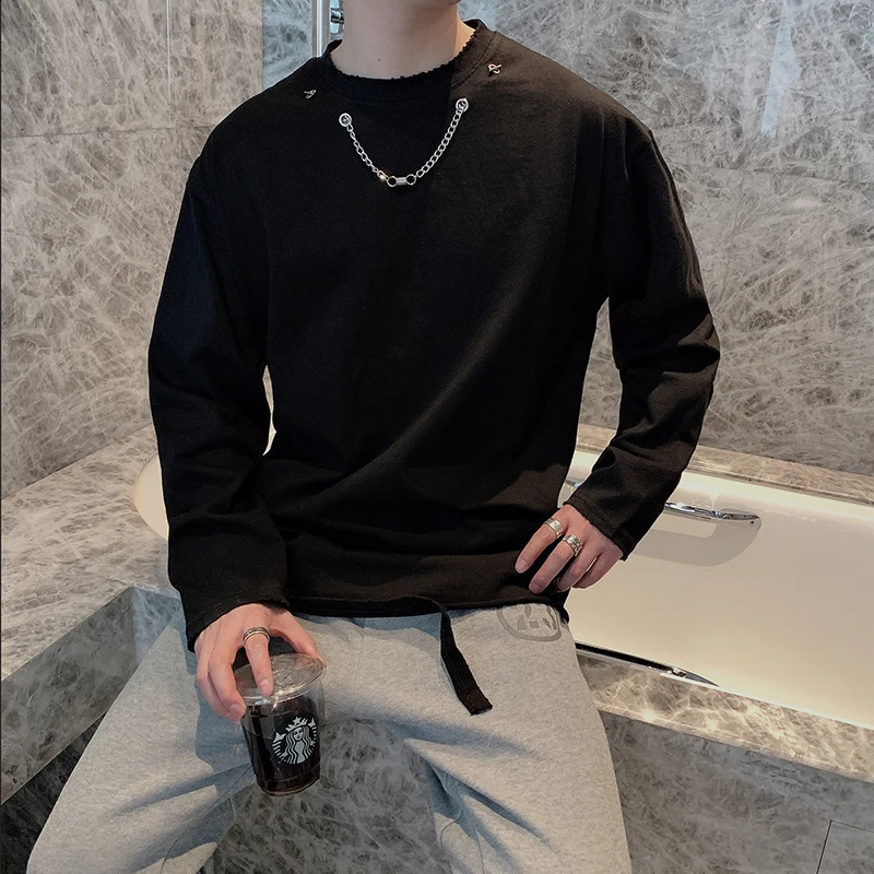 Mens Ripped T Shirt Top Tee Fashion Spring Hollow Holes Long Sleeve T-Shirt Personalized Chain Decoration Loose Shirts 240812