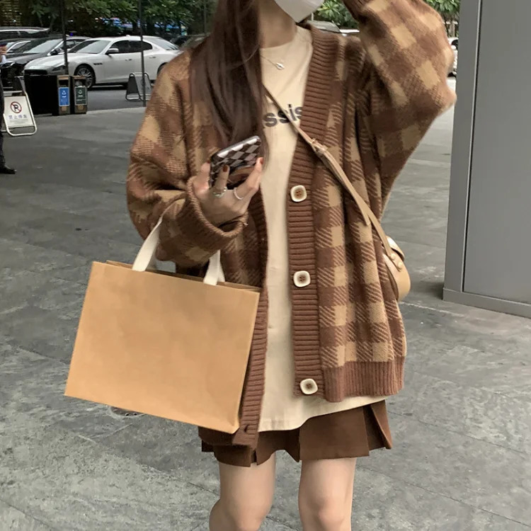 Harajuku Sweet Chessboard Grid Knitted Cardigan Autumn Loose Long Sleeve Sweater Women Y2k Grunge Single Breasted Cardigans 240812