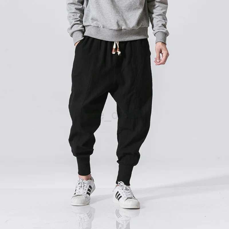 Spring Casual Oversize Harem Pants Men Streetwear Solid Color Harajuku Baggy Pants Cotton Linen Elastic Waist Joggers For ManXJ240813