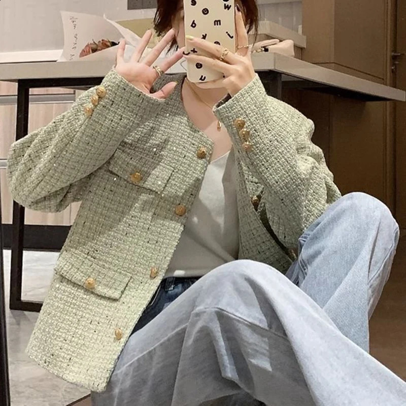 Hdspq Chic Striped Tweed Jackets Women Autumn Woman O Neck Long Sleeve Coats Woman with Pocket Korean Style Jacket Outwear 240812