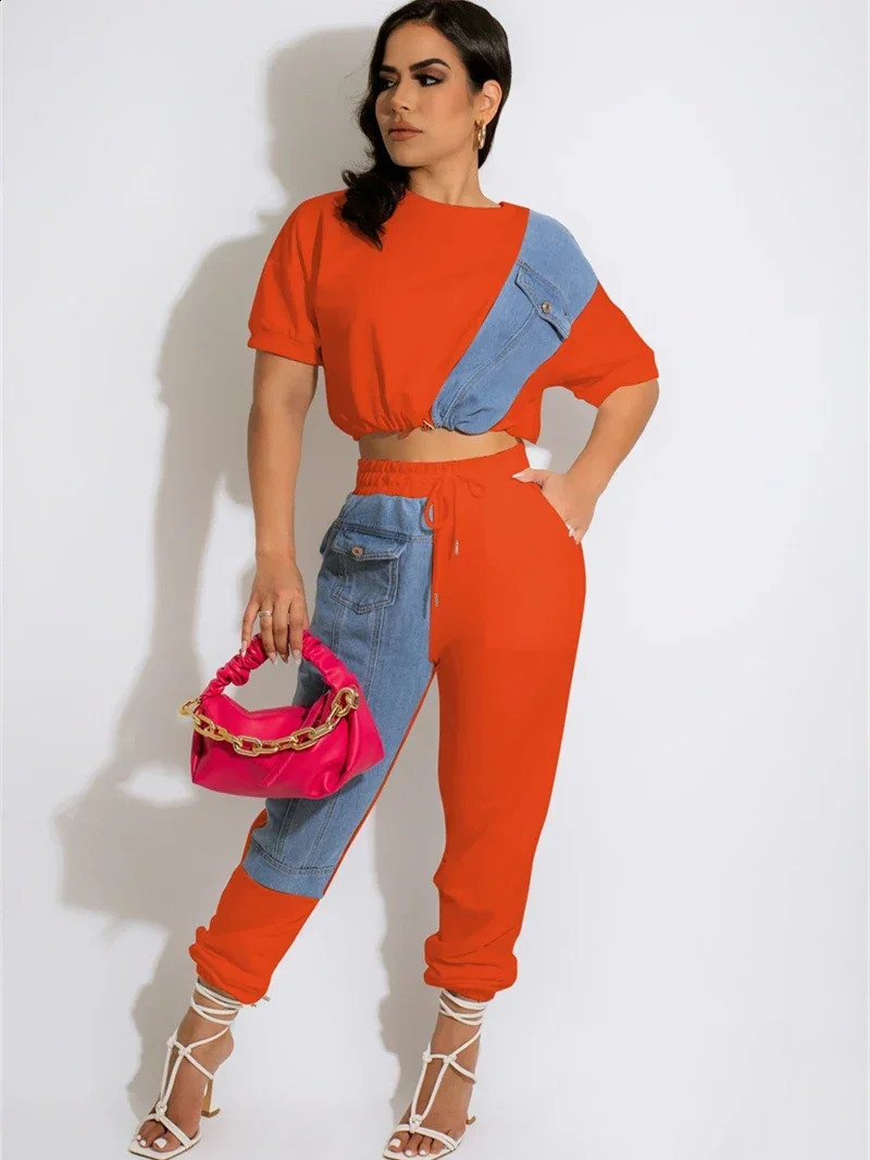 Denim Patchwork Tracksuit Women Two 2 Piece Set Oufits Sweatsuit Summer Clothes Fashion Tee Jogger Long Pants Suit Matching Set 240813