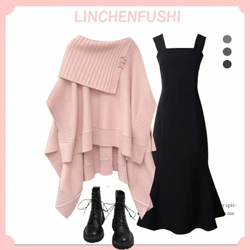 Korean Fashion Winter Set Womens Plus Size Panther Personalized Loose Knitted Sweater Dress Two Piece Y2K 240812