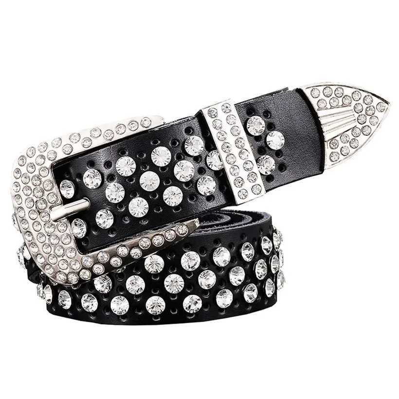 Fashionable genuine womens belt luxury rhinestone buckle womens belt width 3.3cm cowhide belt mens jeans W240807