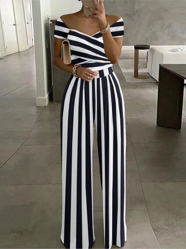 Summer Printed One Shoulder Jumpsuits Women High Waist Short Sleeves Wide Leg Long Pants Slim Jumpsuit Ladies Commuting 240813