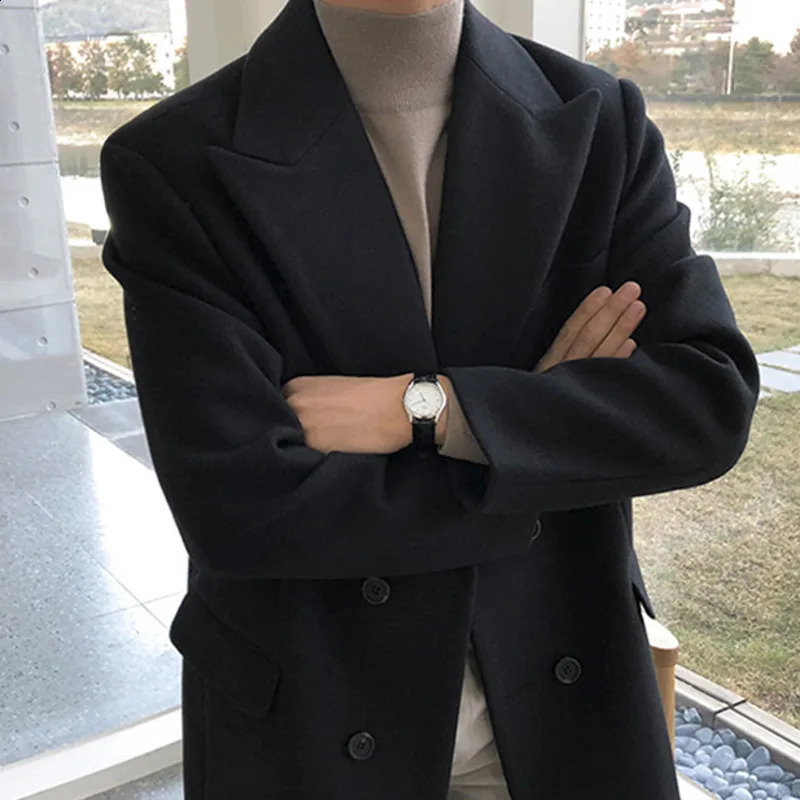 IEFB Mens Autumn Winter Mid Length Woolen Coat Korean Black Thickned Overcoat Long Sleeve Double-breasted Jackets 240812cj