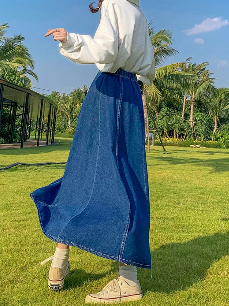 Maxi Long Skirts Women Spring Summer Casual High Waisted Jean Skirt Ladies Splicing A-Line Ruffle Denim Skirt Plus Size 5XL 6XL 240812