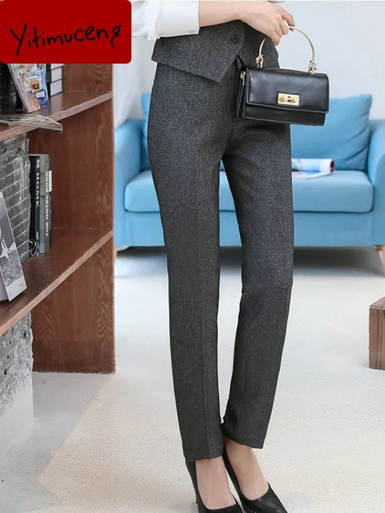 Yitimuceng Elegant Office Womens Two Piece Set Single Button Collar Jacket Unique Pencil Pants 240812