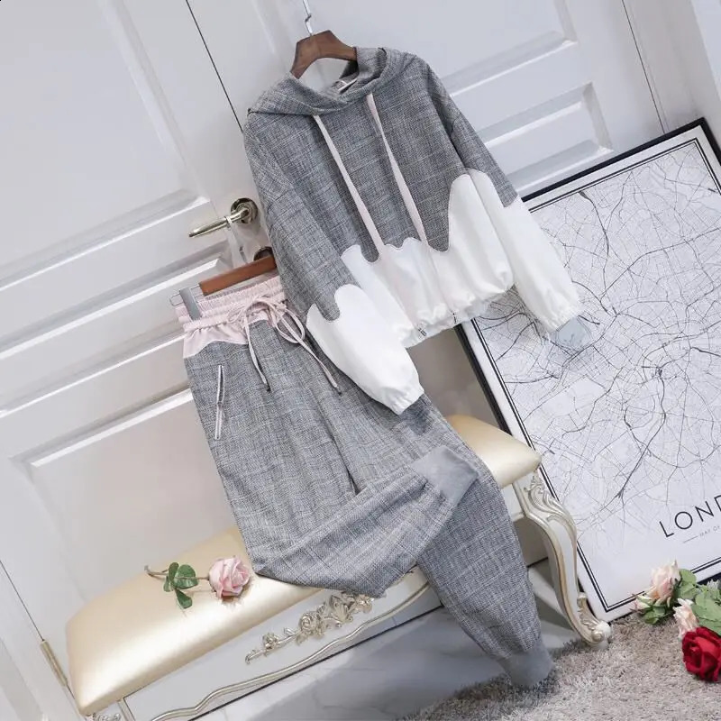 2024 Spring Grey White Spliced Hoodie Lace Up Pencil Pants Two Piece Set of Korean Style Female Student Sports Set Tracksuit 240813