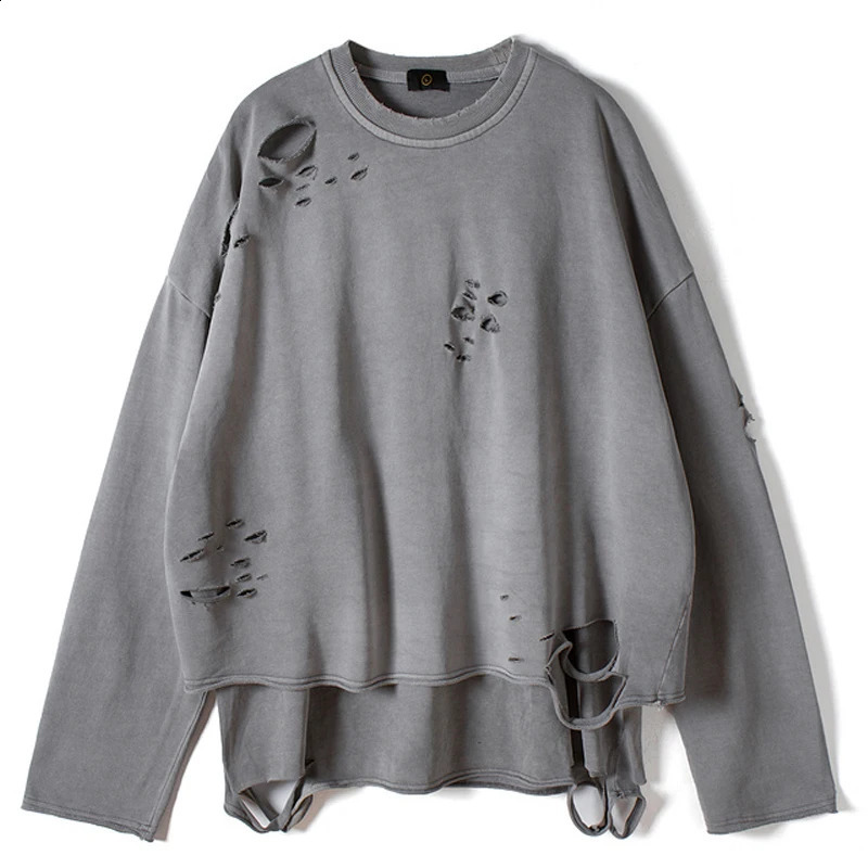 ELKMU Vintage Streetwear Hole Sweatshirt Men Fashion Autumn Two Layers Pullover Solid Color Harajuku Cotton Tops Oversized 240812