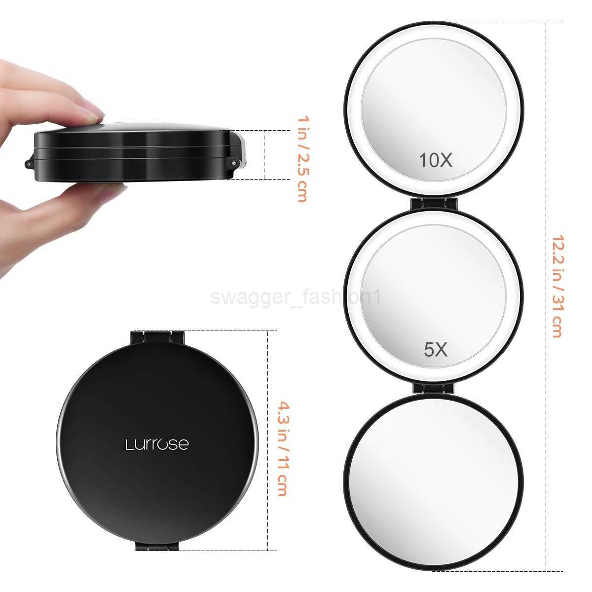 LED Mirror Travel Make up Mini Mirrors Black Magnifying Round Tri-foldXJ240813