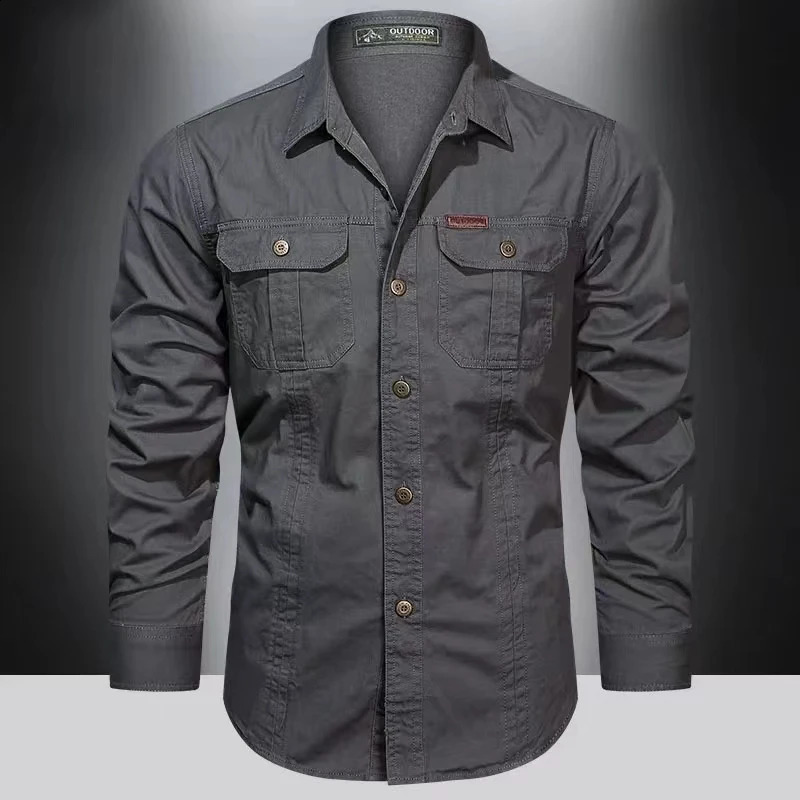Spring 100% cotton mens long sleeved casual highquality multi pocket military top 240812