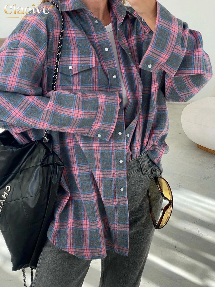 Clacive Vintage Loose Plaid WomenS Shirt Fashion Lapel Long Sleeve Office Lady Shirts And Blouses Tops Female Clothing 240812