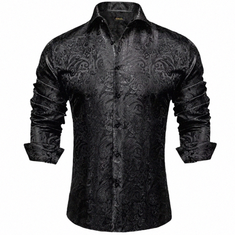 Mens Lg Sleeve Black Paisley Silk Dr Shirts Casual Tuxedo Social Shirt Luxury Designer Men Clothing