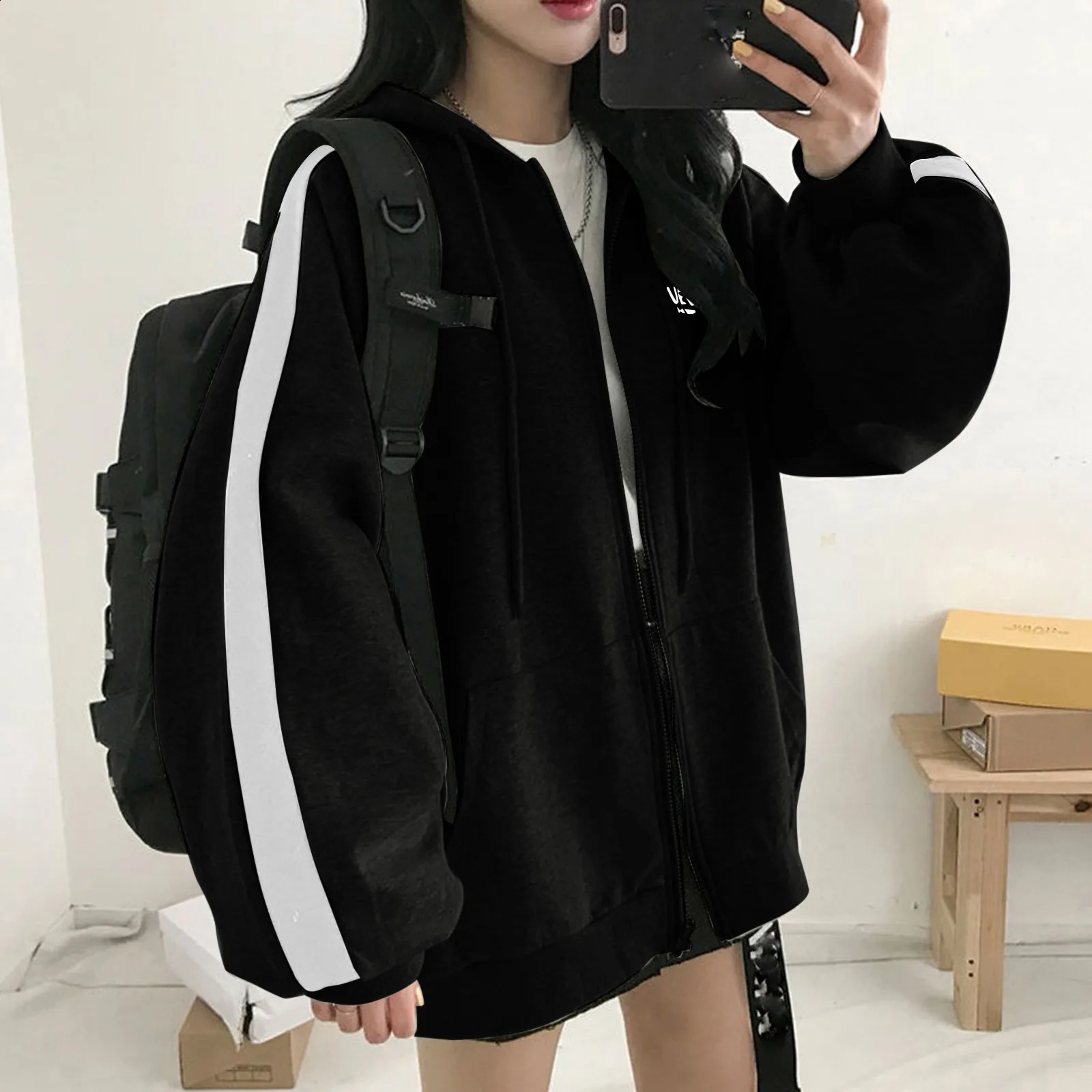 Harajuku Women Sweatshirts Korean Version Oversized Solid Zip Up Hoodies Jacket Retro Long Sleeve Fleece Hooded Sweatshirt Coats 240812