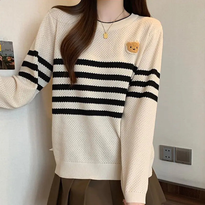Preppy Style Autumn Womens Sweaters O-Neck Striped Cartoon Screw Thread Fashion Casual Loose Long Sleeve Pullovers Knitted Tops 240812