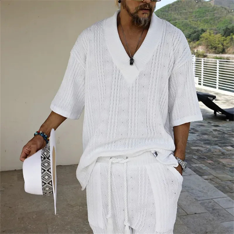 Summer Casual Shorts Set Knitted Two Piece Mens Vneck Short Sleeve Tshirt and Street Clothing 240812