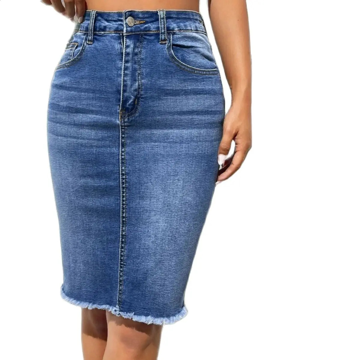2024 Summer High Elastic Raw Edge Slim Denim Skirt for Women Fashion Skinny Jeans Hip Cover Skirt Casual Ladies Clothing 240812