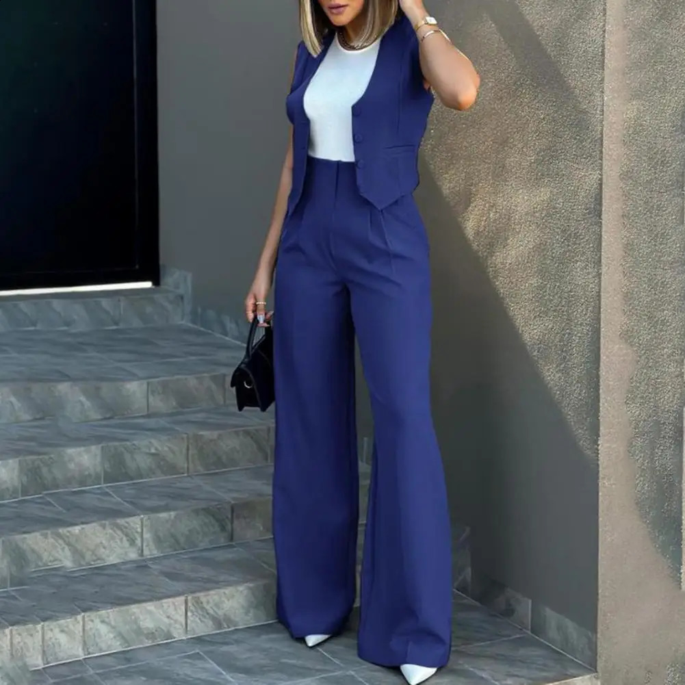 Two-piece Suit Elegant Lady Baggy Pants Set with Sleeveless Vest Solid Color High Waist Womens Wide Leg Pants Casual for A 240813