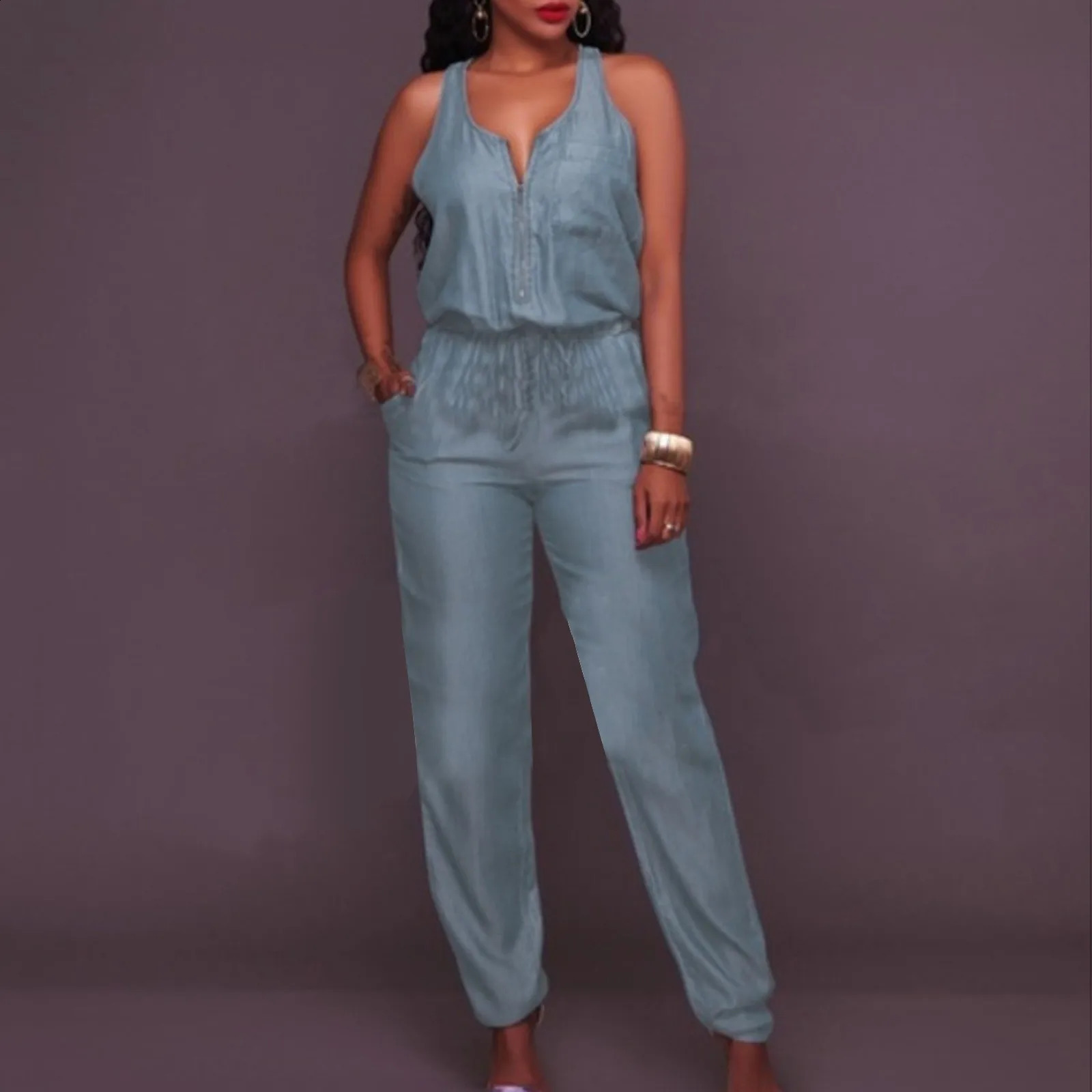 Long Jumpsuits Rompers Denim Shoulder Jumpsuits Off Pocket Womens Sleeveless Jeans Casual WomenS Jumpsuit Roupas Femininas 240813 - view 3