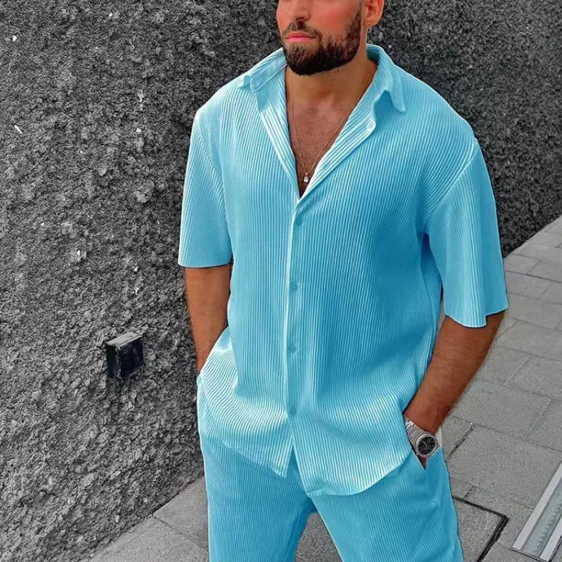 Mens casual loose beach suit solid color striped short sleeved mens shirt twopiece set 240812