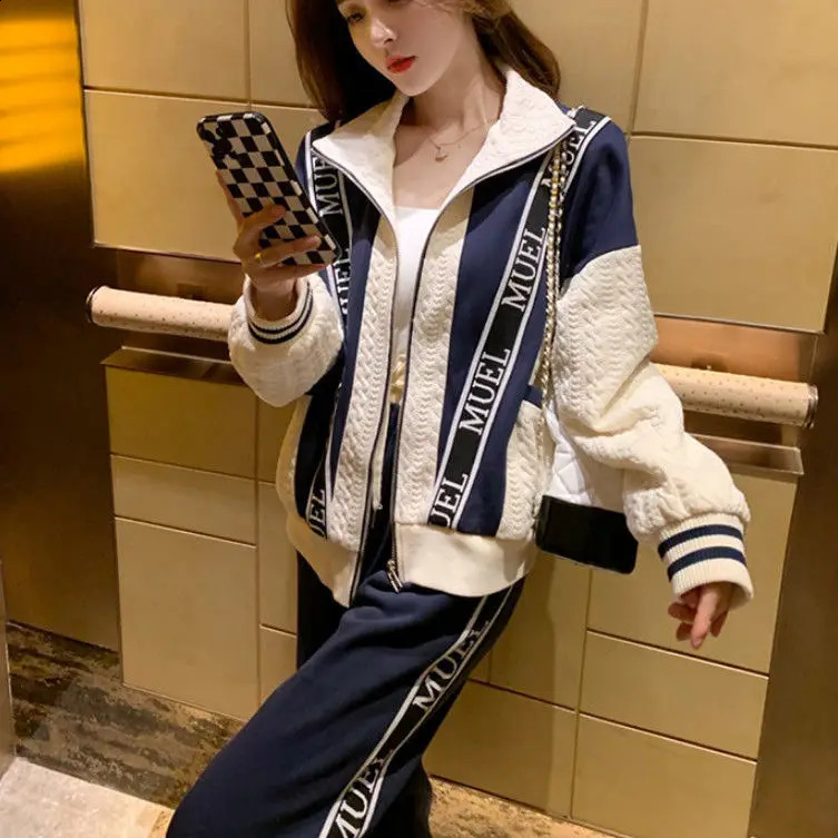 Spring Winter Women Sweater High-grade Casual Fashion Suit Plus Size Loose Small Fragrance Sports Two-piece Suit 240812