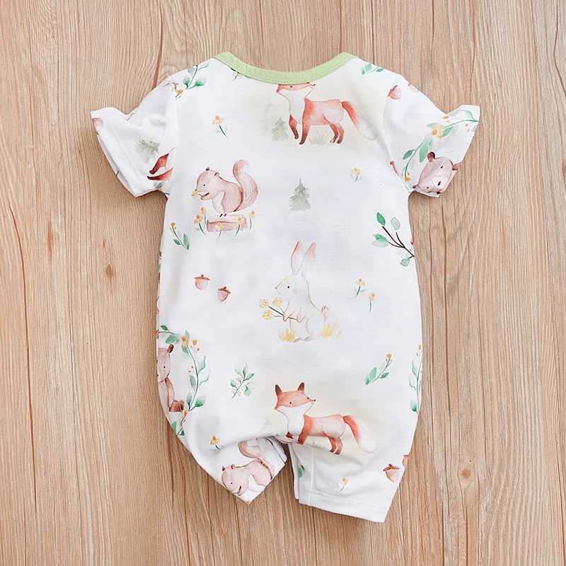 Green fox print newborn baby clothing 0-18 months comfortable wearing high-quality summer short sleeved jumpsuit W240812