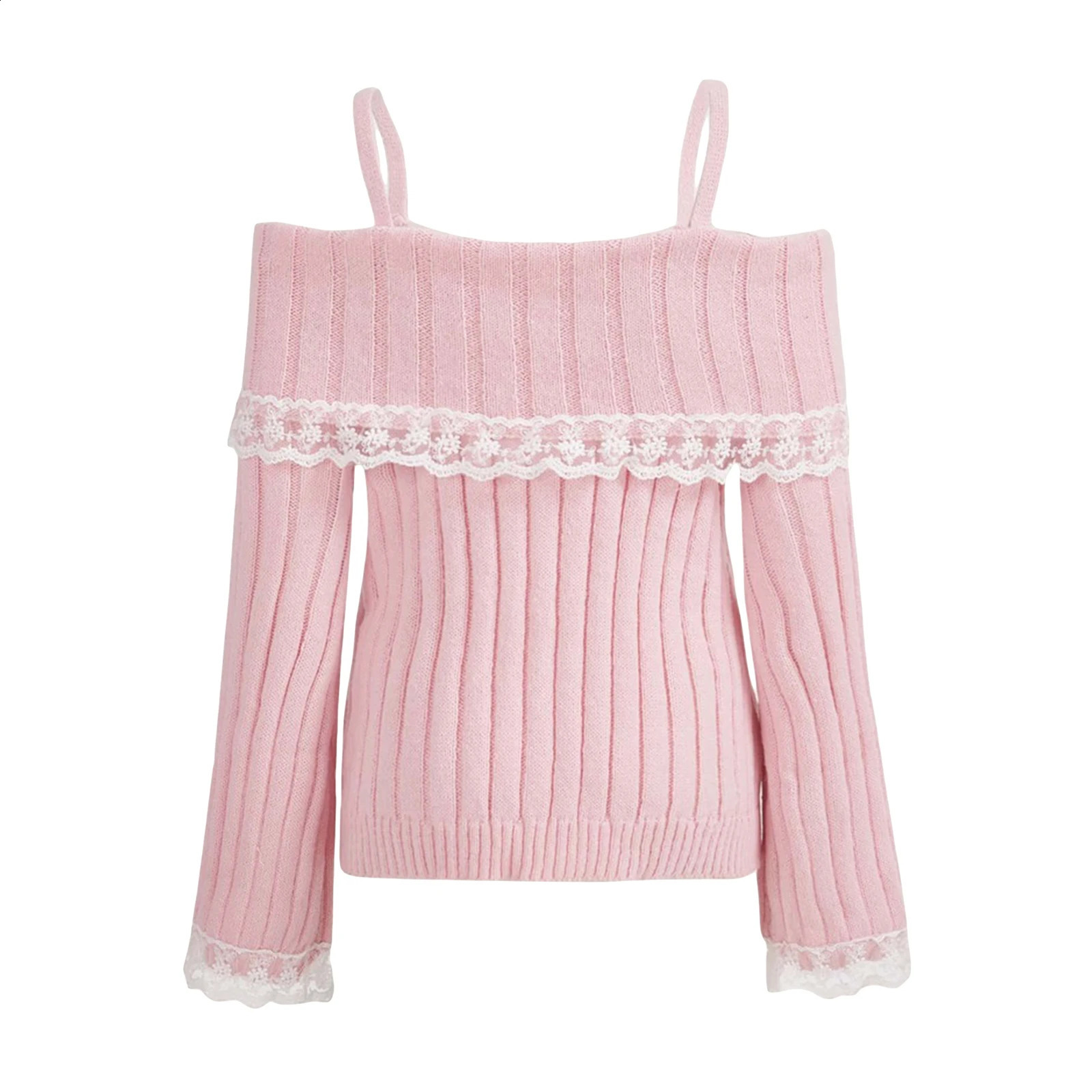 Women Off Shoulder Knit Sweater Solid Color Sweet Pullovers Long Sleeve Bow Lace Patchwork Cute Jumpers Club Streetwear Y2k 240813