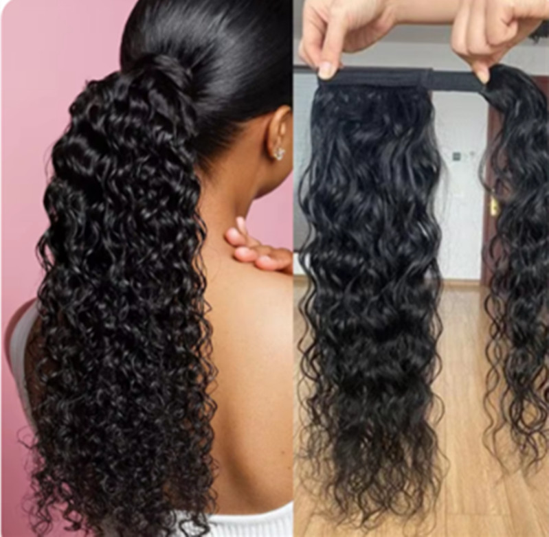 Natural Color Wave Brazilian Human Hair Ponytail wraps around Designed For Women To Extend The Magic Paste Clip Hairpin Headgear 140g