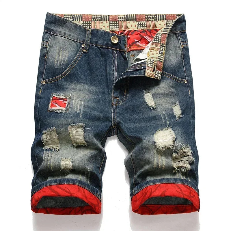 summer vintage washed mens denim shorts casual and fashionable streetwear tear hole patch Distressed straight jeans 240812