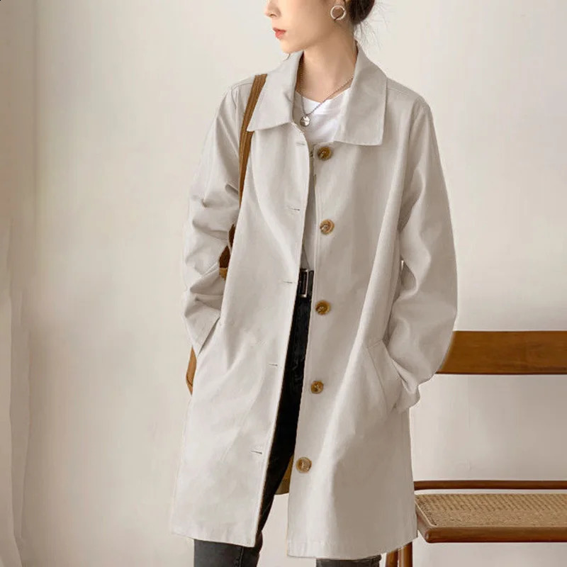 Fashion Lapel Button Spliced Pockets Casual Coats Female Clothing Autumn Loose All-match Tops Solid Color Korean Trench 240813