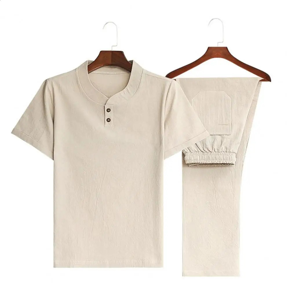 Men Casual Outfit Solid Color Homewear Chinoiserie Summer Two Piece Short Sleeve T Shirt Drawstring Pants Set Men Clothing Suit 240813