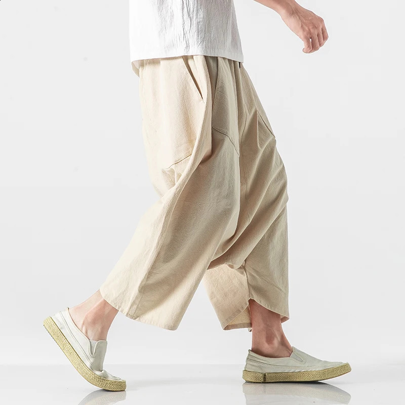 Summer mens plus size casual harem pants retro loose cotton linen wide leg pants mens elastic waist pants 240812
