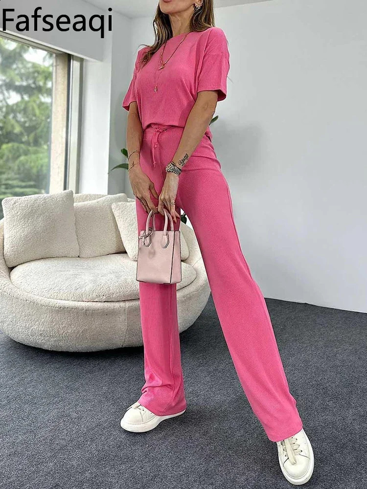 2024 Spring Womens Sports Suit Blue Short Sleeve T-shirt Tracksuit Two-piece Set Sagging Wide Leg Trouser Home Suit for Womens 240813
