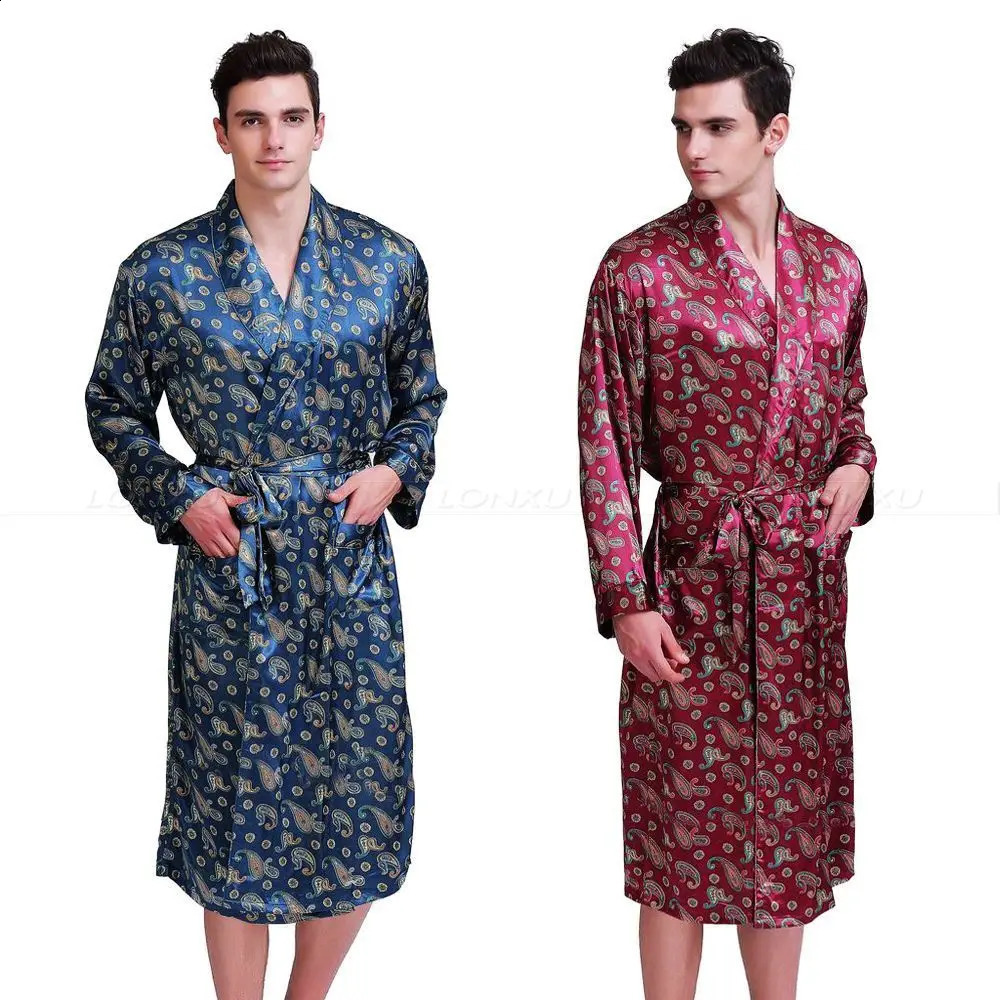 Mens Silk Satin Robes Bathrobe Nightgown Pajamas Sleepwear S ~ 3XL 240812