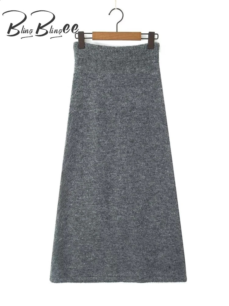 BlingBlingee Womens Knitted Set Traf Autumn Vneck Loose Sweater Pullover Top Elastic Waist Long Dress Grey 240809